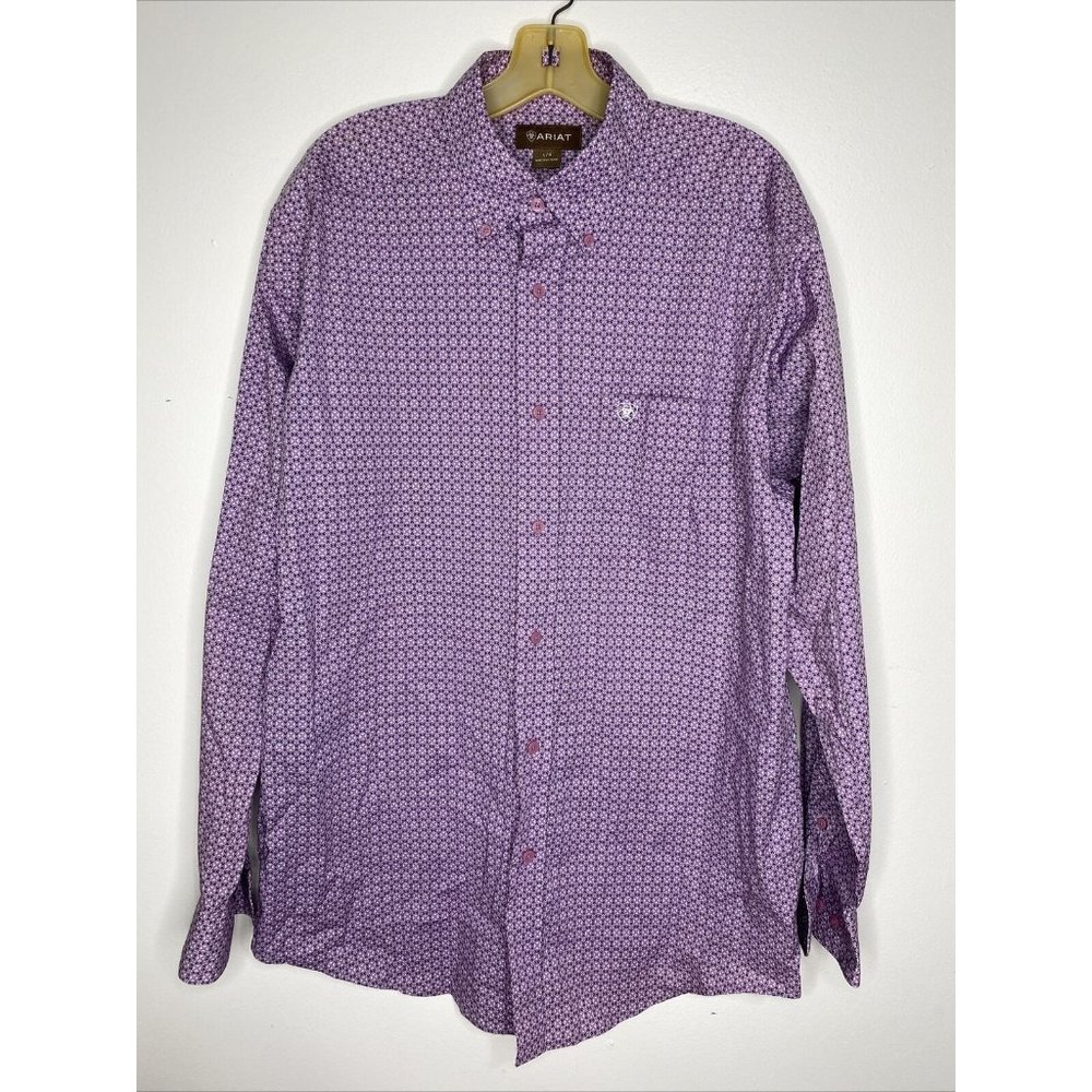 Ariat Mens Button Down Shirt L Purple Embroidered Logo Cowboy Ranch Riding